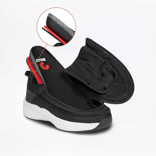 Black BILLY Limitless men's adaptive shoes for neuropathy with side zipper open showing full-access entry, ideal for AFO and sensitive feet
