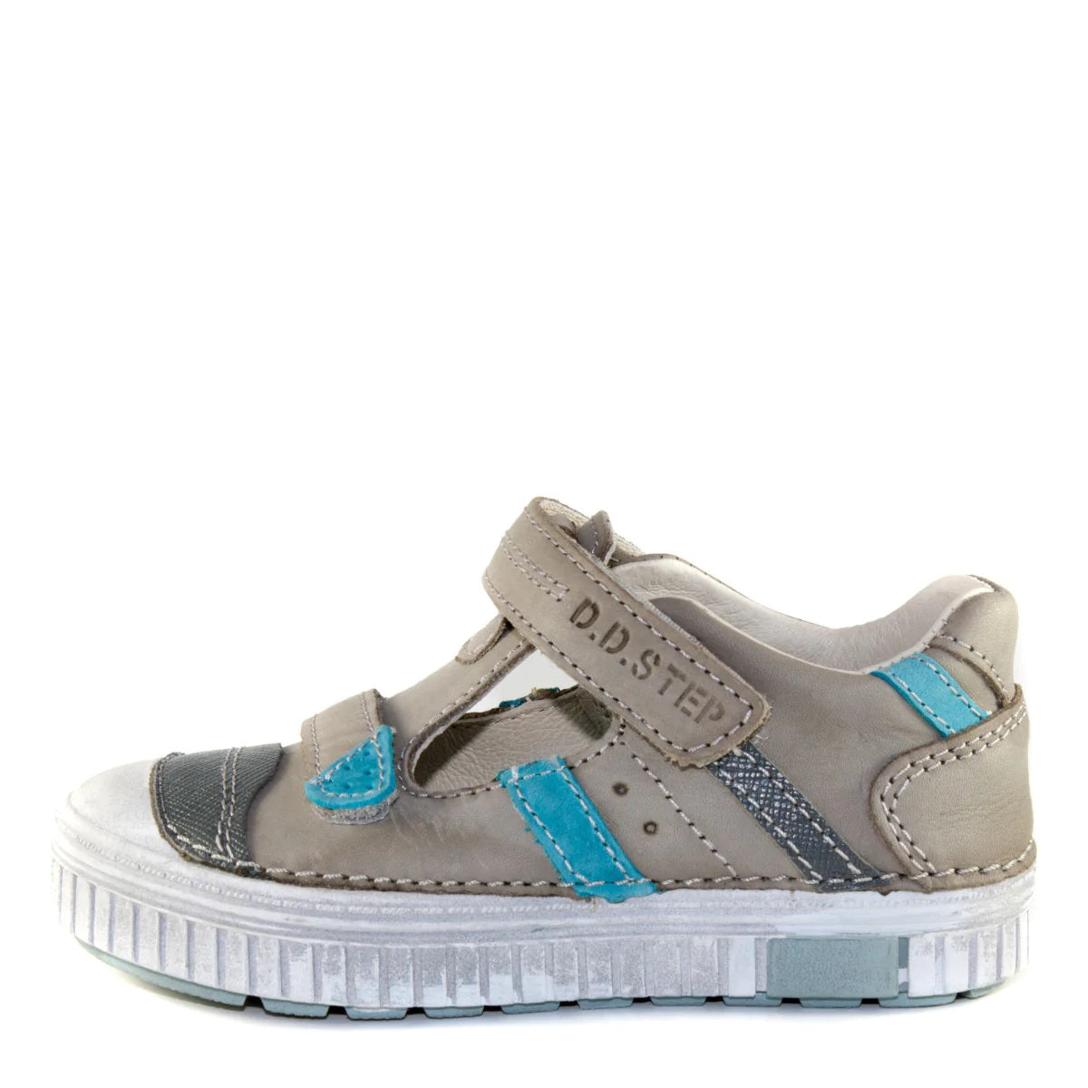 D.D. Step Little Kid Boy Double Strap Sandals/Open Shoes Grey With Blue Stripe - Supportive Leather From Europe Kids Orthopedic - shoekid.ca