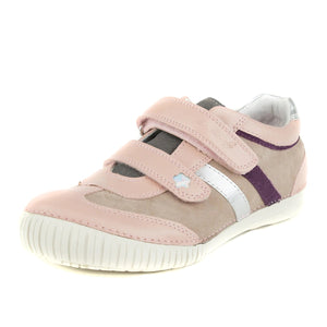 D.D. Step Big Kid Girl Double Strap Shoes Beige And Light Pink With Purple Silver Stripe - Supportive Leather From Europe Kids Orthopedic - shoekid.ca