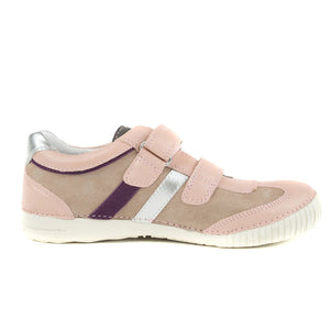 D.D. Step Big Kid Girl Double Strap Shoes Beige And Light Pink With Purple Silver Stripe - Supportive Leather From Europe Kids Orthopedic - shoekid.ca