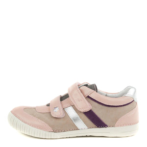 D.D. Step Big Kid Girl Double Strap Shoes Beige And Light Pink With Purple Silver Stripe - Supportive Leather From Europe Kids Orthopedic - shoekid.ca