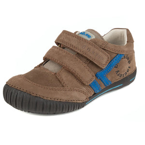 D.D. Step Little Kid Boy Shoes Brown With Blue Stripe - Supportive Leather From Europe Kids Orthopedic - shoekid.ca