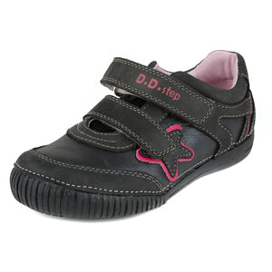 D.D. Step Big Kid Girl Double Strap Shoes Black With Star - Supportive Leather From Europe Kids Orthopedic - shoekid.ca