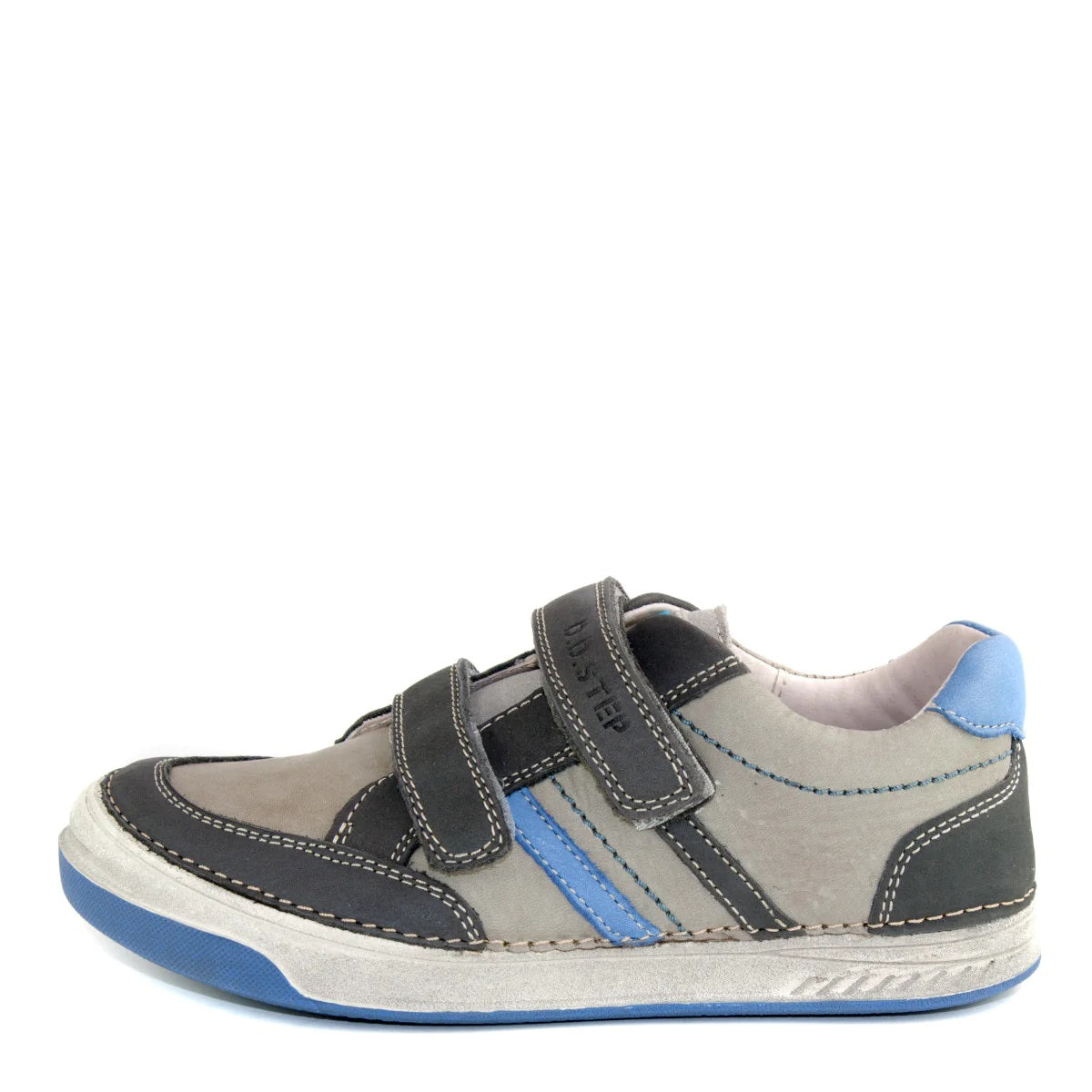 D.D. Step Little Kid Boy Shoes Grey With Blue And Black Stripes - Supportive Leather From Europe Kids Orthopedic - shoekid.ca