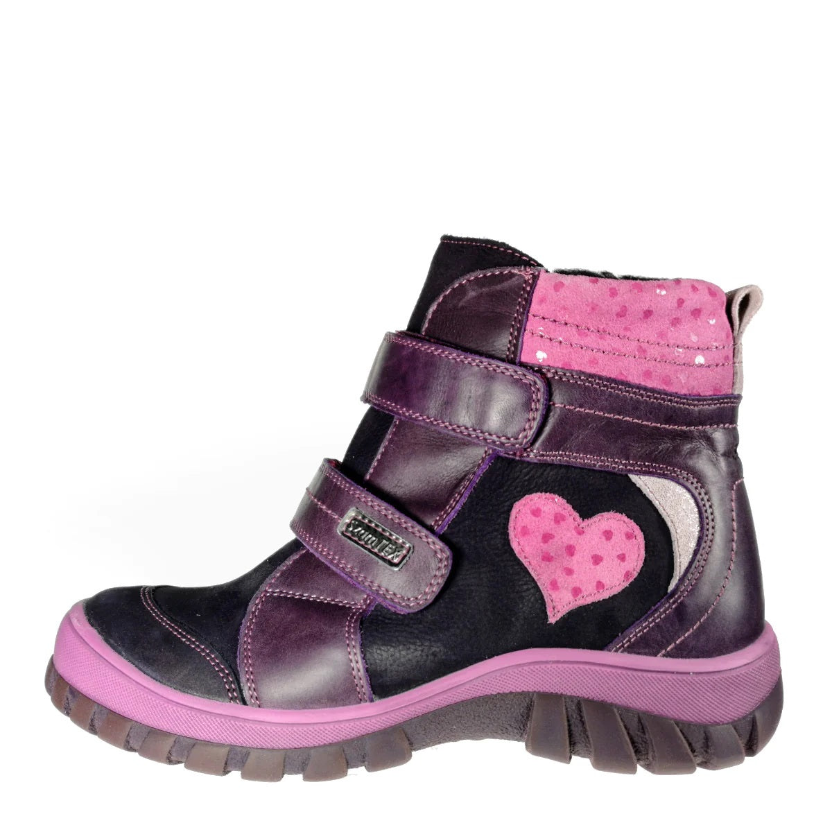 Premium quality insulated boots made from 100% genuine leather lining and upper, mauve with pink/purple heart decor. This Szamos Kids product meets the highest expectations of healthy and comfortable kids shoes. The exceptional comfort these shoes provide assure the well-being and happiness of your child.