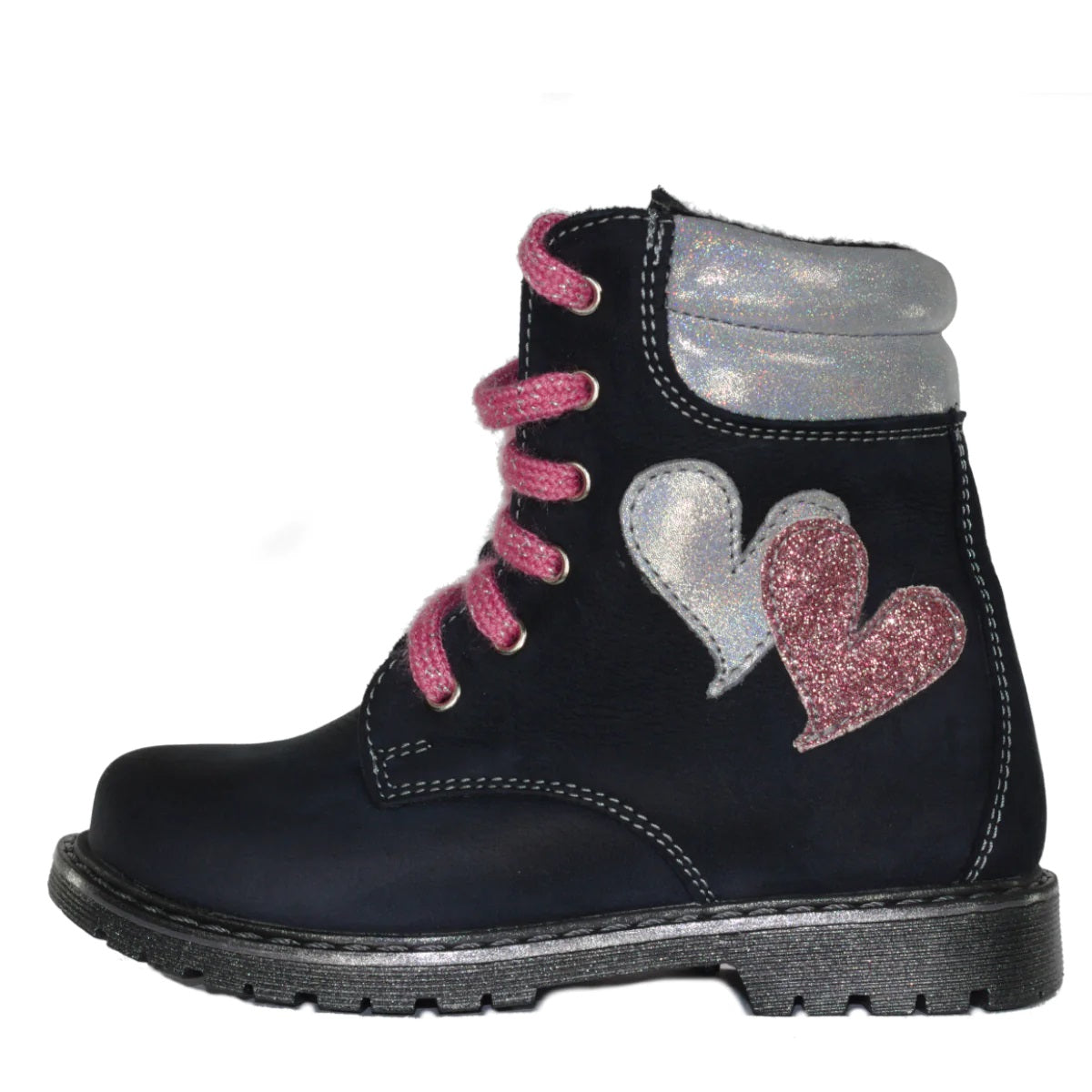 Szamos Kid Girl Boots Black With White And Pink Heart Decor - Made In Europe - shoekid.ca