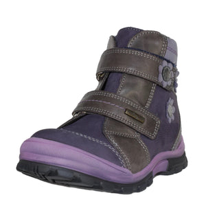 Szamos Kid Girl Boots Purple With Grey Velcro Straps And Purple Flowers - Made In Europe - shoekid.ca