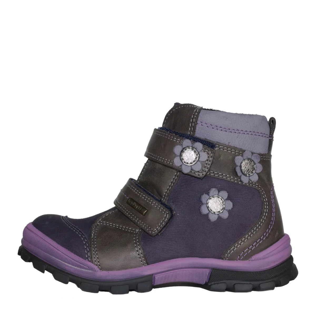 Szamos Kid Girl Boots Purple With Grey Velcro Straps And Purple Flowers - Made In Europe - shoekid.ca