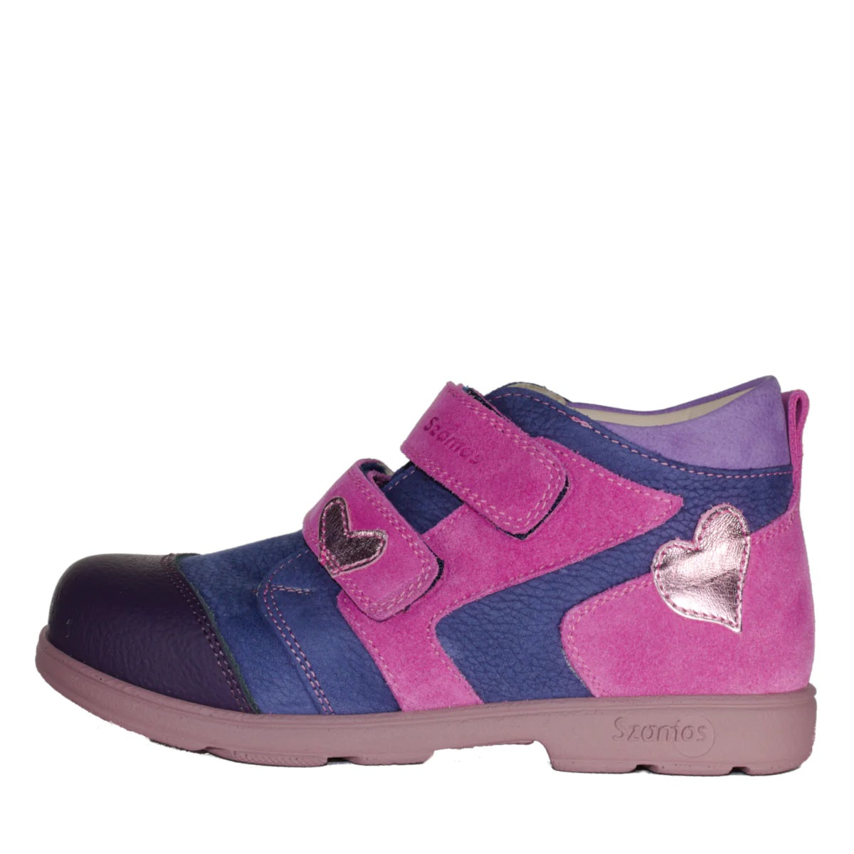 Szamos kid girl supinated sneakers purple with fuxia velcro straps and heart decor little kid big kid size