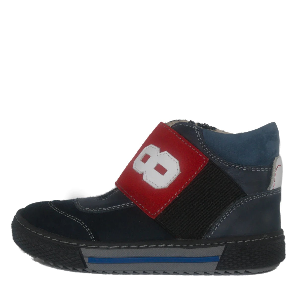 Szamos kid boy high-top shoes dark blue with wide red stretchy strap and side zipper little kid/big kid size