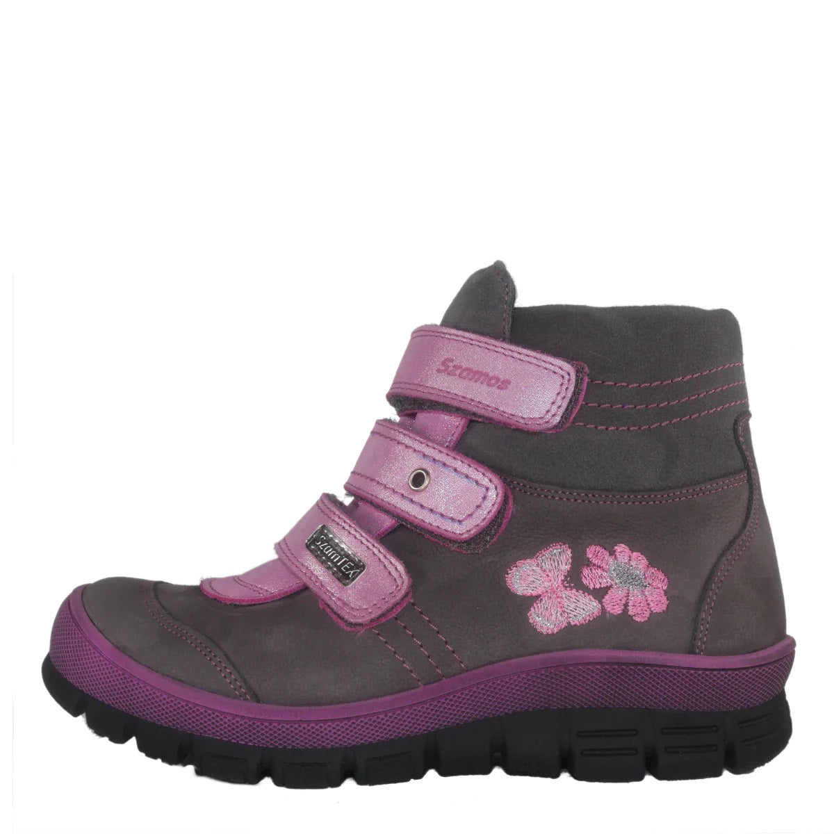 Szamos kid girl winter boots grey with pink velcro straps and flower butterfly pattern big kid size