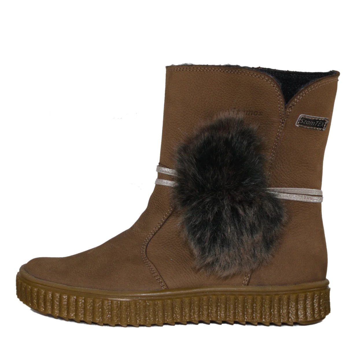Szamos kid girl winter boots brown with pom pom and side zipper big kid size