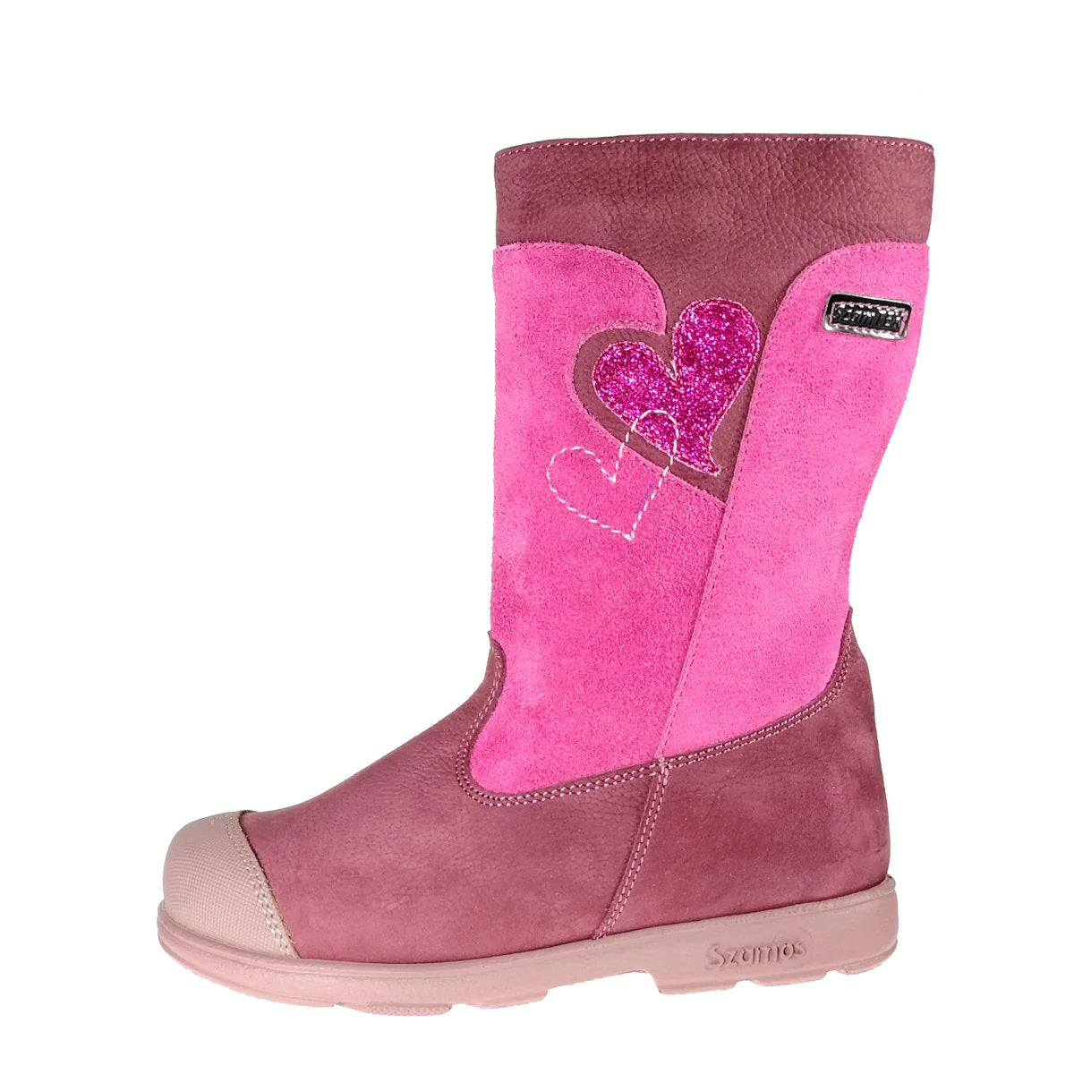 Premium quality supinated boots made from 100% genuine leather lining and upper, pink and mauve with hearts and side zipper with fleece inside. This Szamos Kids product meets the highest expectations of healthy and comfortable kids shoes. The exceptional comfort these shoes provide assure the well-being and happiness of your child.