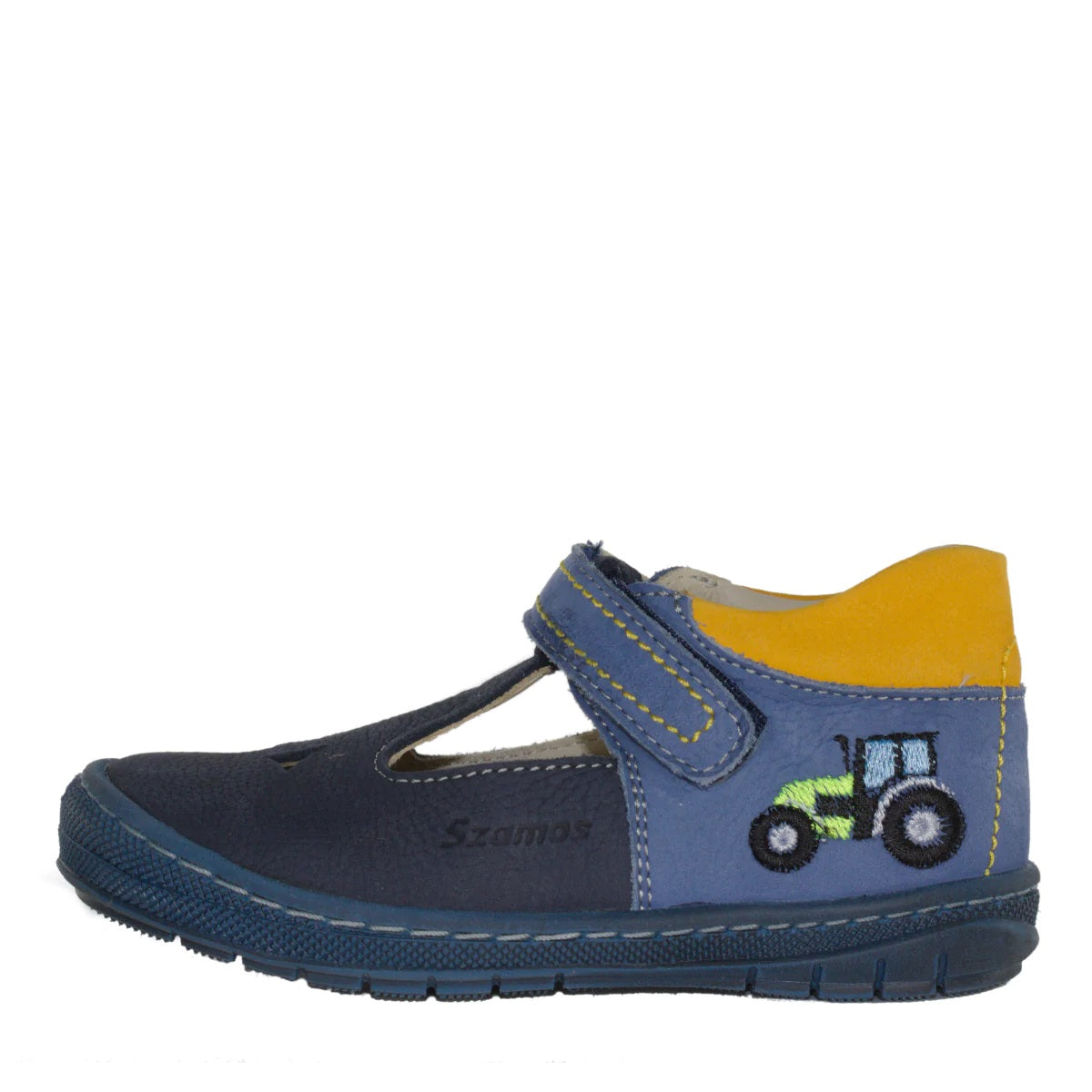 Szamos Kid Boy Sandals In Light And Navy Blue Color And Tractor Pattern With Velcro Strap - Made In Europe - shoekid.ca