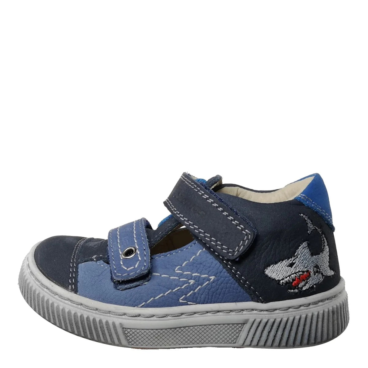 Szamos Kid Boy Sandals In Light And Dark Blue Color And Shark Pattern With Double Velcro Strap - Made In Europe - shoekid.ca