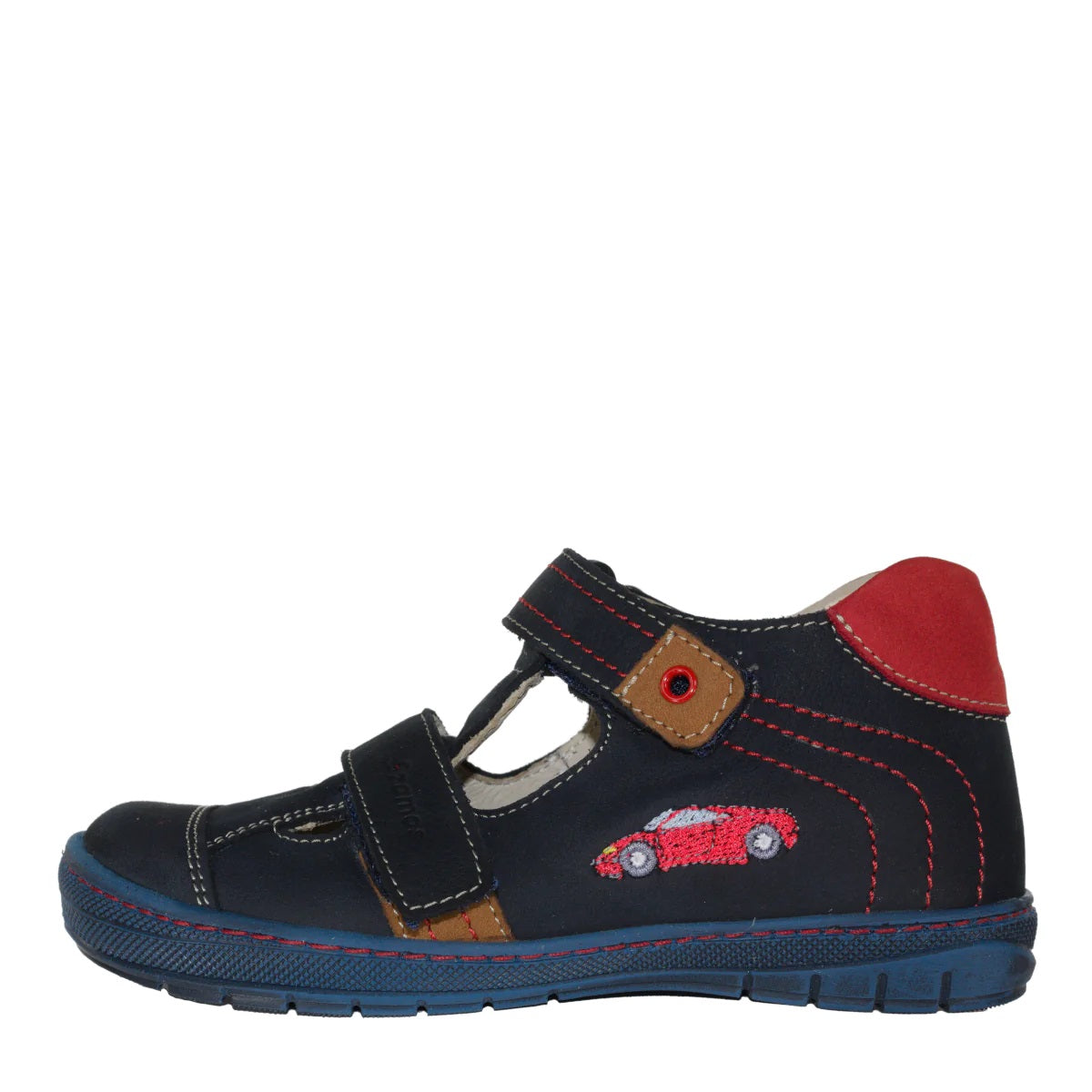 Szamos Kid Boy Sandals In Dark Blue Color And Race Car Pattern With Double Velcro Strap - Made In Europe - shoekid.ca