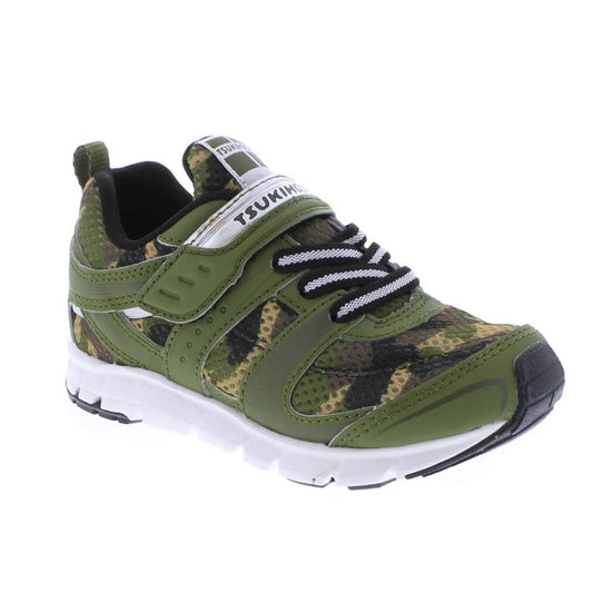 Tsukihoshi Velocity boys' running shoe in green camo, lightweight, supportive and machine washable