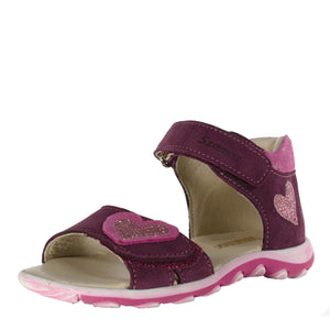 Szamos Kid Girl Sandals In Burgundy Color And Heart Pattern Double Velcro Strap - Made In Europe - shoekid.ca