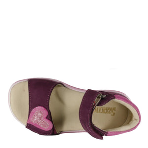 Szamos Kid Girl Sandals In Burgundy Color And Heart Pattern Double Velcro Strap - Made In Europe - shoekid.ca