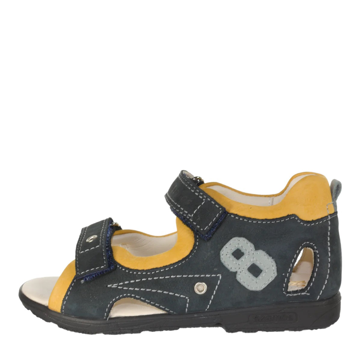 Szamos kid boy supinated sandals in black and yellow color and number pattern with double velcro strap toddler/little kid size - TinyShoes