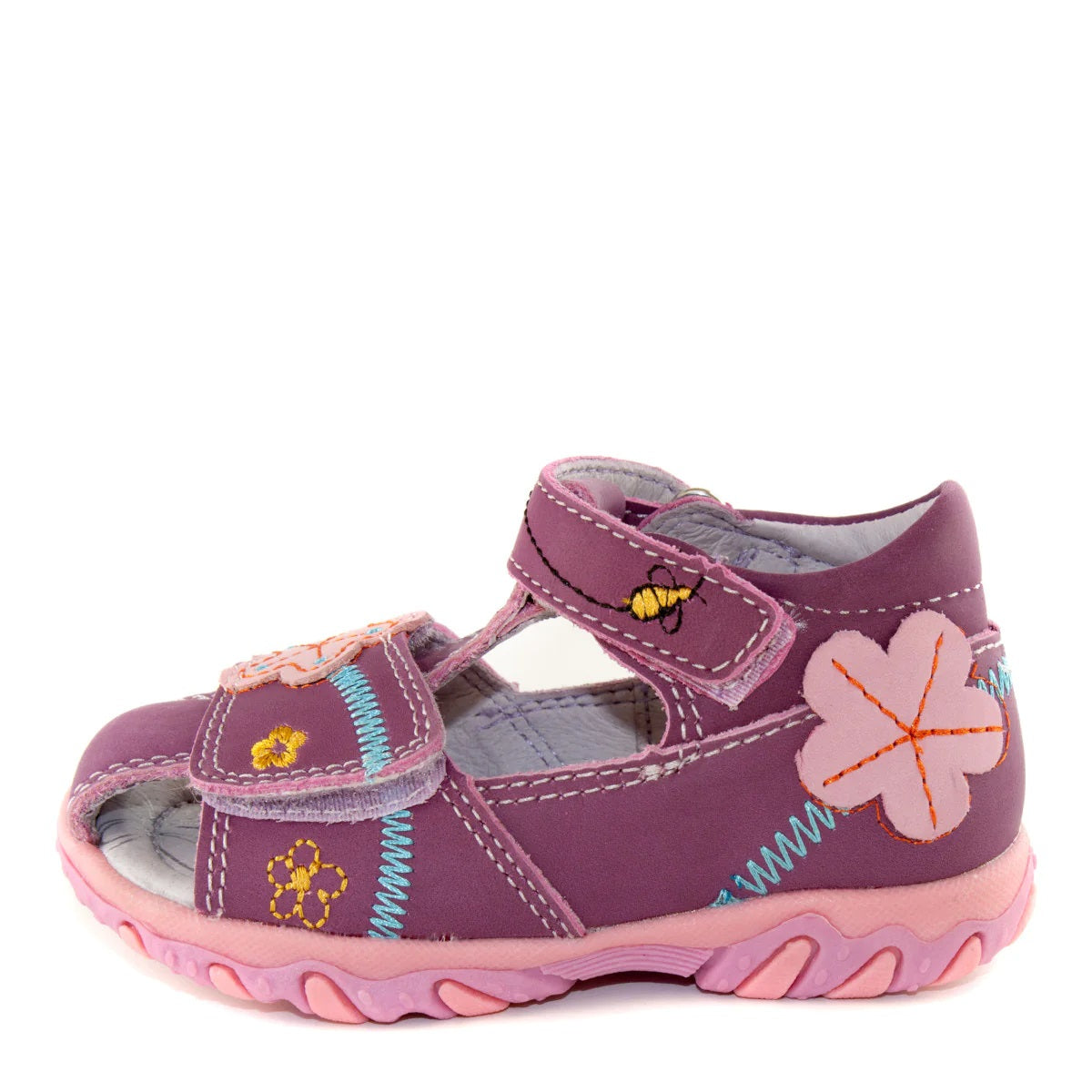 D.D. Step Girls Sandals Mauve With Bees And Flower - Supportive Leather Shoes From Europe Kids Orthopedic - shoekid.ca