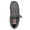 Kid&#39;s Dark Grey BILLY Classic Lace Lows with easy on-off zipper and laces, made from recycled canvas, top view.