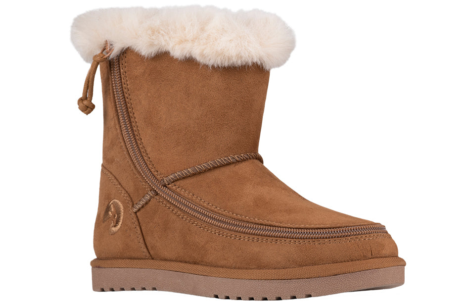 Kids Chestnut BILLY Cozy Boots, faux suede and flannel, for diabetes, plantar fasciitis, bunions, wide and extra wide feet, orthotics.