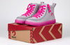 Grey/Pink BILLY Classic Lace High Tops with pink laces and translucent outsole for kids. Suitable for orthotics, wide feet, diabetes.