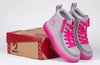 Grey/Pink BILLY Classic Lace High Tops for kids with pink laces and translucent outsole, ideal for wide feet and orthotics use.