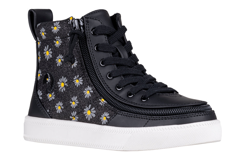 Black Daisy BILLY Classic Lace High Tops with flowers, shoes for diabetes, plantar fasciitis, bunions, wide feet, and orthotics.
