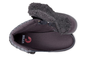 Top view of Charcoal Grey BILLY Cuffs high top shoe with fur collar, featuring functional laces and zipper, ideal for orthotics and wide feet.