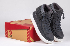 Charcoal Grey BILLY Cuffs high-top shoes for diabetes, plantar fasciitis, bunions, wide feet, and wheelchair use, on shoe box
