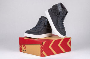 Charcoal Grey BILLY Cuffs high top shoes with fur collar on box, ideal for diabetes, plantar fasciitis, bunions, wide feet, and orthotics.