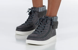Charcoal Grey BILLY High Top Shoes with fur collar and zipper, ideal for diabetes, plantar fasciitis, bunions, wide feet, and orthotics.