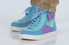 Moon BILLY Street High Tops for kids with blue and purple design, featuring laces and zipper, easy on and off for toddlers and big kids.