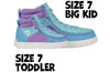Moon BILLY Street High Tops showing size 7 for toddlers and big kids, easy on and off with laces and zipper, in blue and purple.