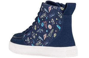 Navy Space BILLY Classic Lace High Tops with space design, suitable for orthotics and wide feet, featuring easy zip access.
