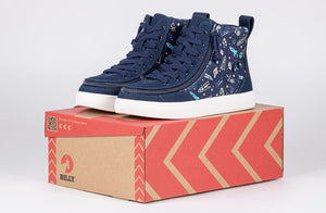Navy Space BILLY Classic Lace High Tops with space design, suitable for kids with diabetes, plantar fasciitis, bunions, or orthotics.