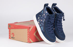 Navy Space BILLY Classic Lace High Tops with space design; ideal for diabetic, plantar fasciitis, and orthotic-friendly shoes.