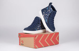 Navy Space BILLY Classic Lace High Tops on box, suitable for diabetic shoes, plantar fasciitis, bunions, wide feet, and orthotic needs.