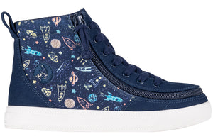 Navy Space BILLY Classic Lace High Tops with space theme; shoes for diabetic kids, plantar fasciitis, bunions, and wide feet.