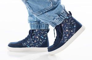Navy Space BILLY Classic Lace High Tops for kids with space design and features for diabetic, plantar fasciitis, bunion feet.
