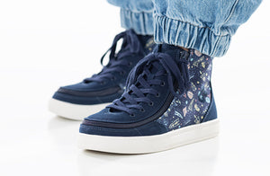 Navy Space BILLY Classic Lace High Tops with galaxy print, suitable for diabetes, plantar fasciitis, bunions, wide feet, and orthotics.