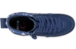 Top view of Navy Space BILLY Classic Lace High Tops with wraparound zipper, ideal shoes for diabetes, plantar fasciitis, and orthotics.