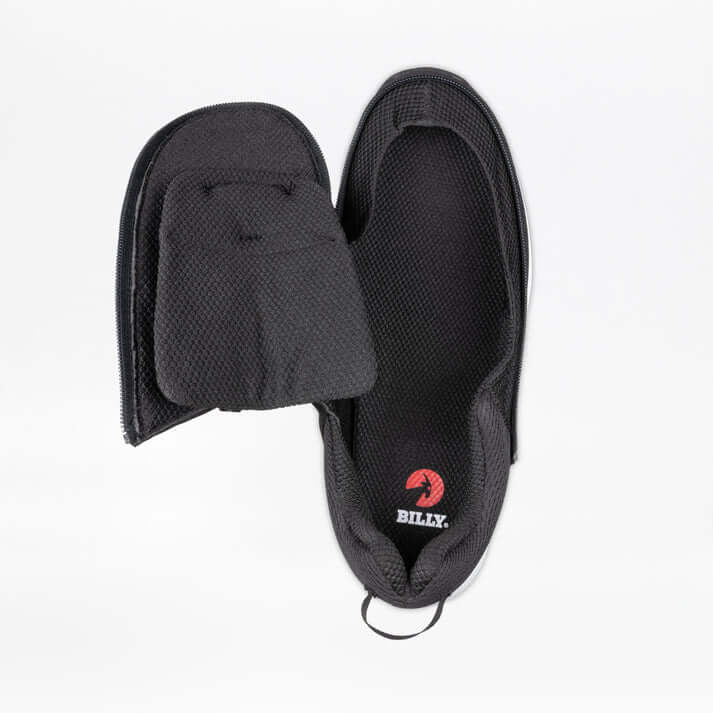 Black BILLY Limitless men's adaptive shoes for neuropathy with side zipper fully open, showing easier entry for sensitive feet and AFO use