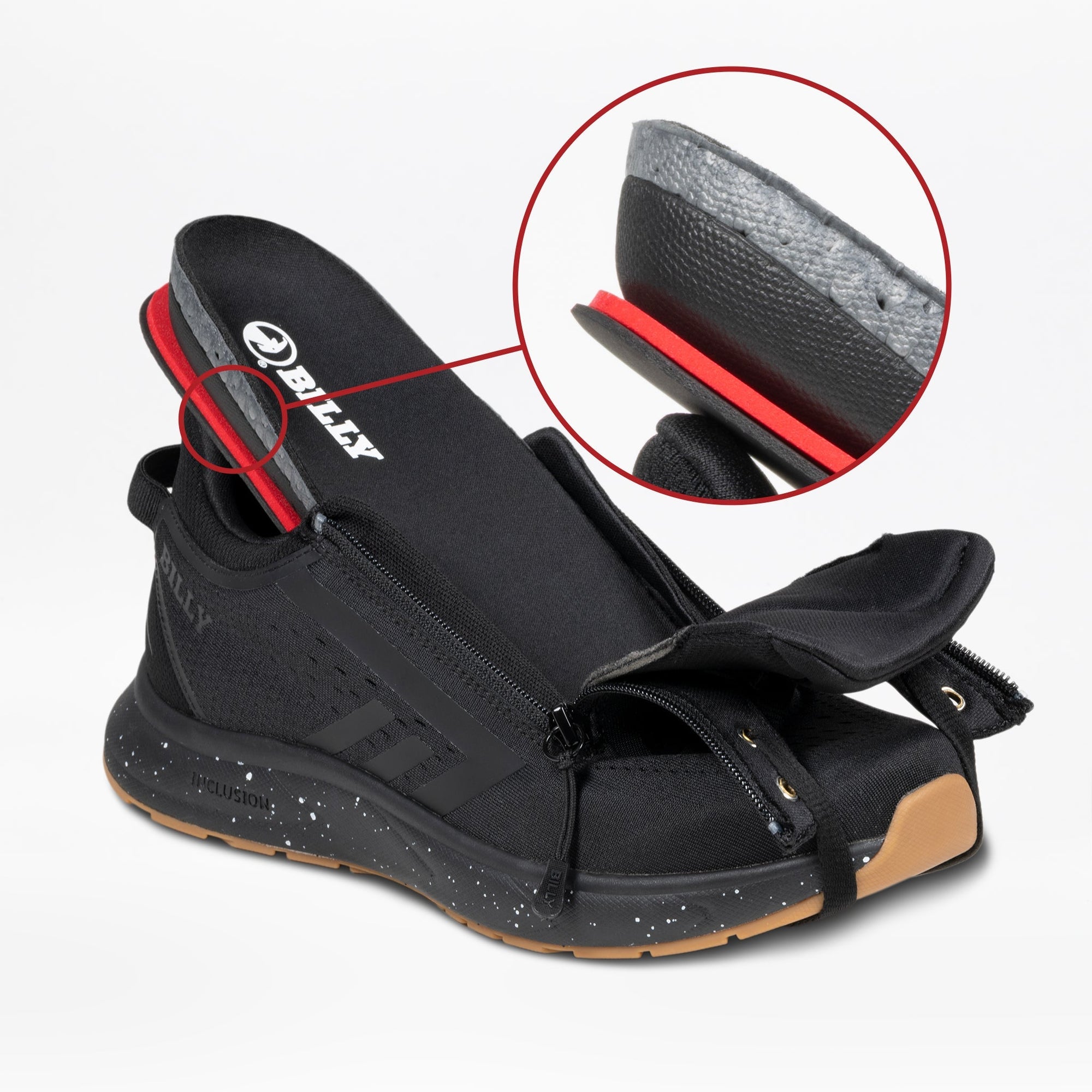 Black BILLY Sport Inclusion DZ1 adaptive sneakers open side zipper detail, men's orthopedic shoe ideal for diabetic feet and AFO users