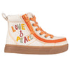 Kid&#39;s Love and Peace BILLY Classic Lace High sneaker with easy laces and zipper, orange and beige canvas with retro design.