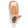 Love and Peace BILLY Classic Lace Highs in orange, top view showing adjustable laces and zipper for easy on and off, kids&#39; shoe.