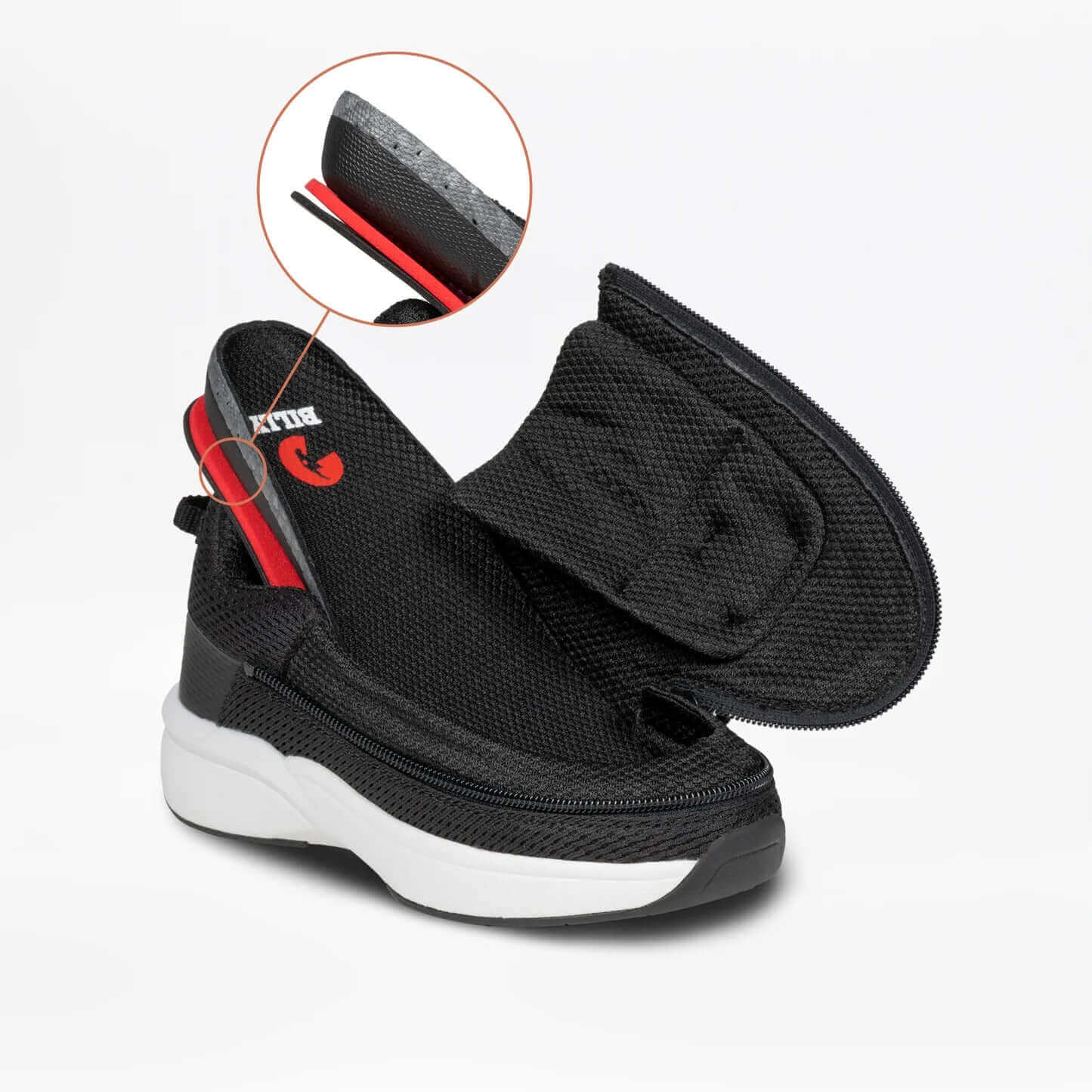 Black BILLY Limitless men's adaptive shoes for neuropathy with side zipper open showing full-access entry, ideal for AFO and sensitive feet