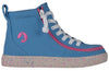 Billy Blue/Pink Speckle Classic High Tops with laces and zipper for easy on and off, functional and fashionable kids shoe.